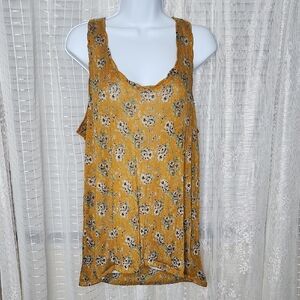 Free People Mustard Yellow Floral Print Sleeveless  Racer Back Tank Top SzL